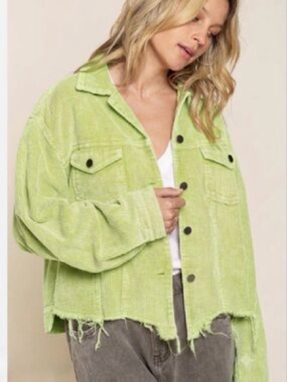 POL neon lime green distressed corduroy jacket